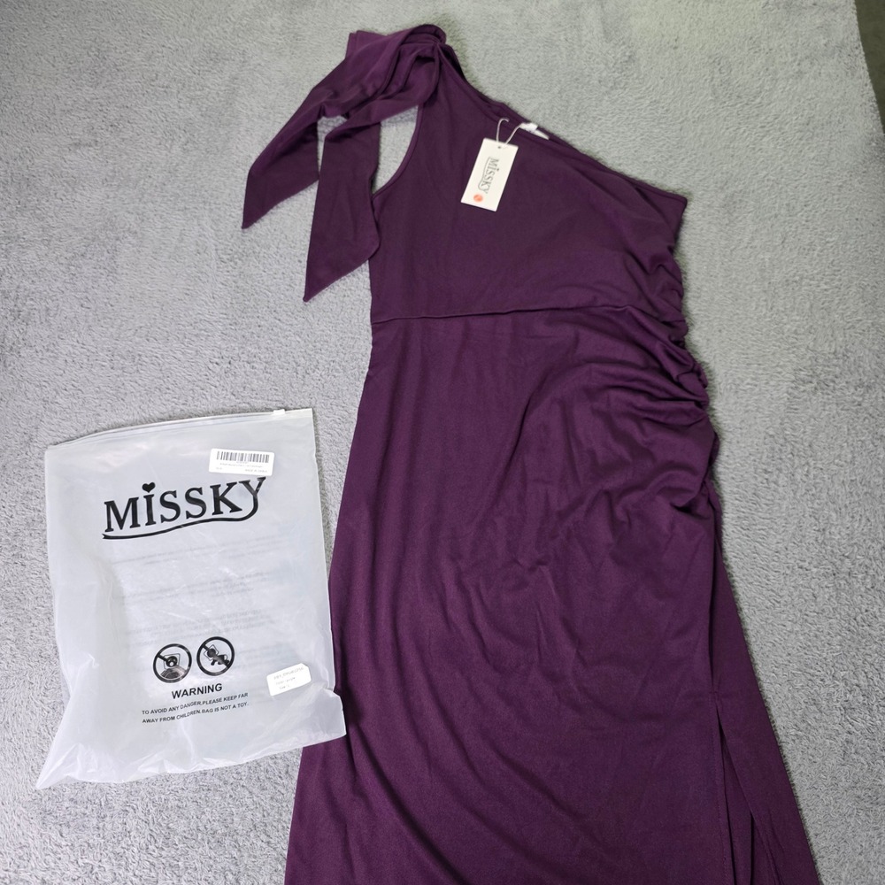 MISSKY Womens L One Shoulder Maxi Dress Purple Ruched Tie Side Slit NWT